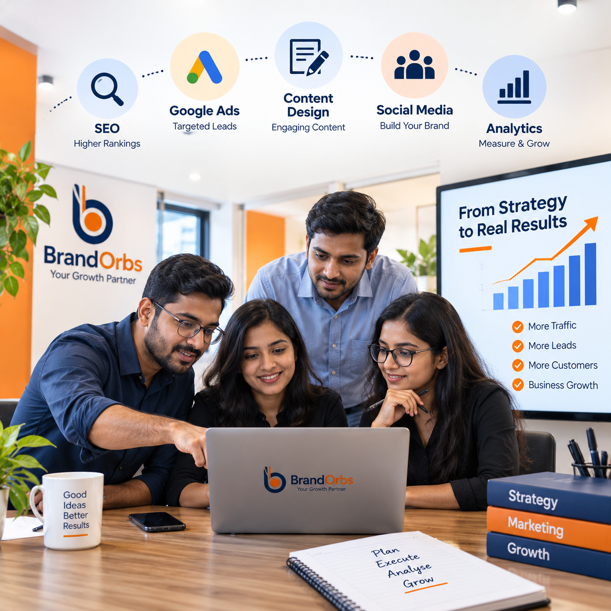 Digital marketing agency team working on SEO Google Ads content design and analytics