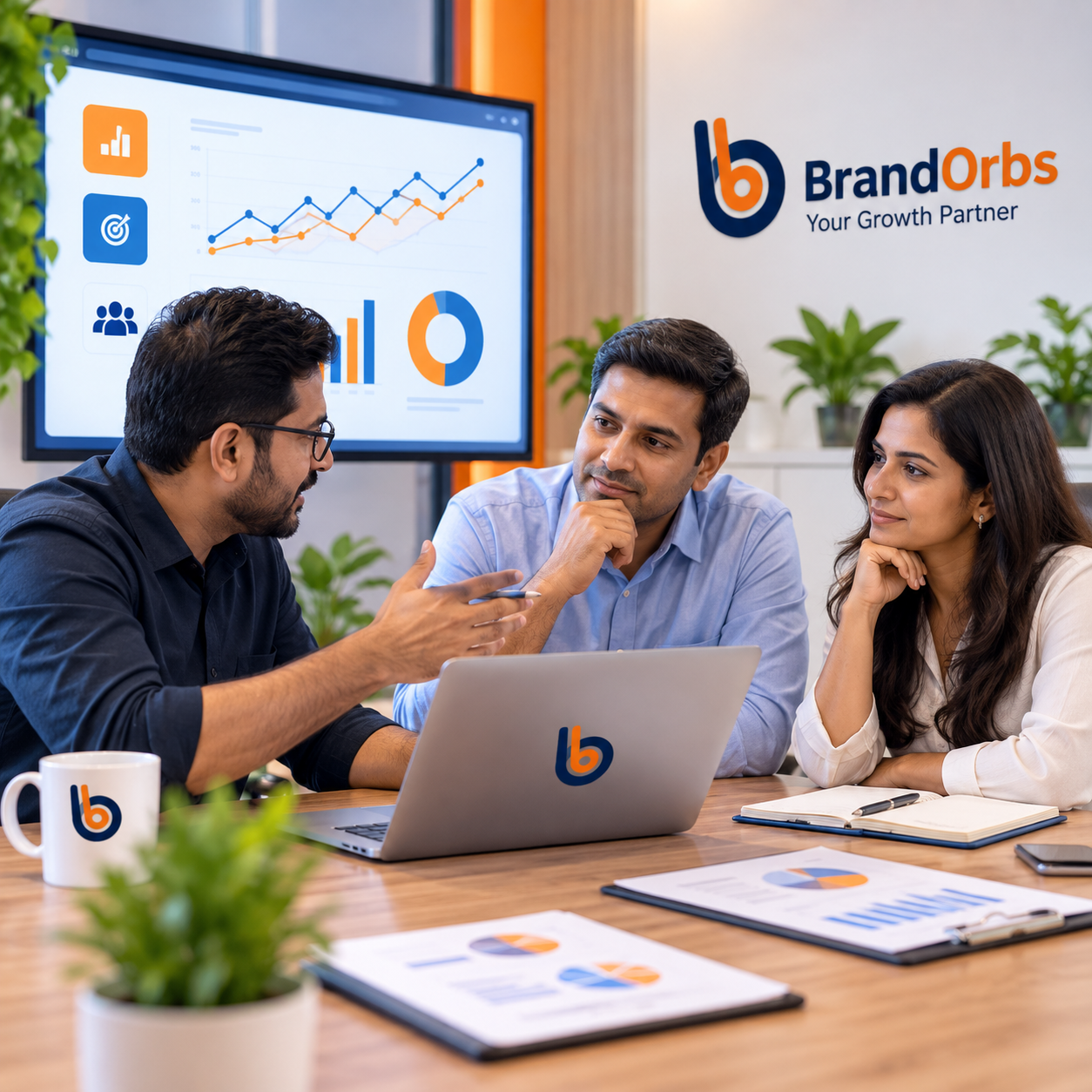 Business owner discussing digital marketing strategy reporting leads and campaign performance with an agency